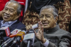 KUALA LUMPUR , 29/01/2019. Prime Minister, Tun Dr Mahathir Mohamad (right) together with PPBM President, Tan Sri Muhyiddin Yassin (left) at the press conference after chairs the PPBM Supreme Council meeting at Yayasan Selangor Tower. Pix by Malay Mail / Hari Anggara.