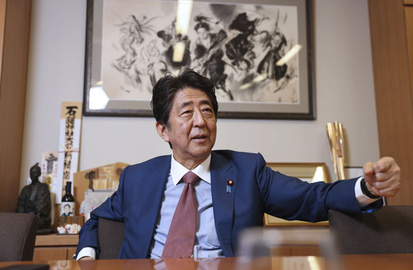 Former Prime Minister Shinzo Abe answers questions by the Yomiuri Shimbun in Chiyoda Ward, Tokyo on Dec.16, 2021. ( The Yomiuri Shimbun via AP Images )