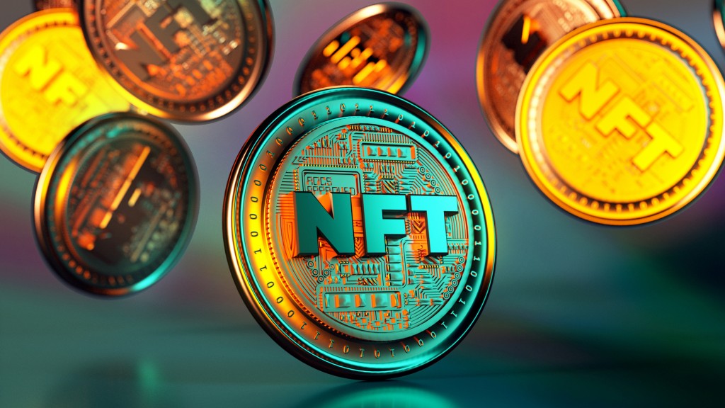 NFT non fungible token golden coins falling. Trendy cryptocurrencies and coins on the blockchain technology. Close up view of crypto money in 3D rendering