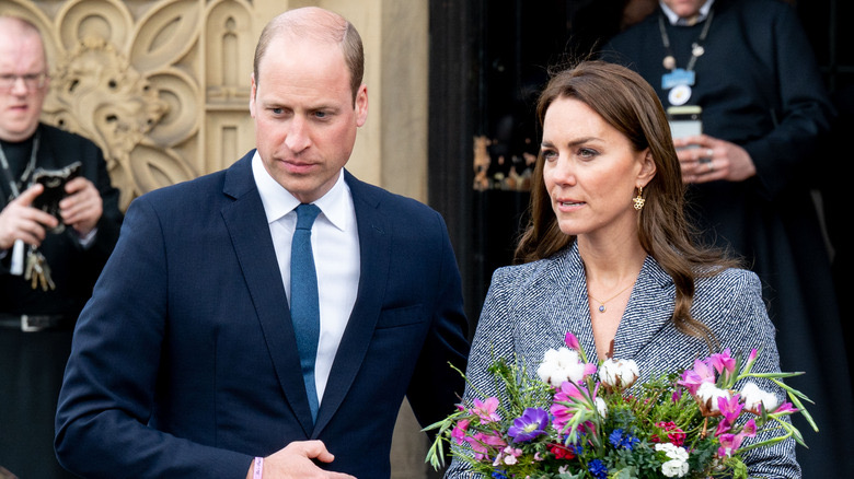 MANCHESTER, ENGLAND - MAY 10: Prince William, Duke of Cambridge and Catherine, Duchess Of Cambridge arrive at Manchester Cathedral on May 10, 2022 in Manchester, England. The Glade of Light Memorial commemorates the victims of the terrorist attack that took place after an Ariana Grande concert at Manchester Arena on May 22, 2017.  (Photo by Shirlaine Forrest/Getty Images)