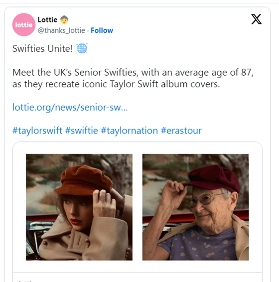 Lottie在社交平台发布照片：工作人员助长者换上Taylor Swift拍摄专辑封面时所穿的同款衣饰，让他们将快乐回忆与音乐联系起来。