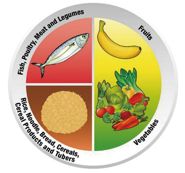 在摄取每一餐的时候将碟子分成参考“我的健康餐盘”图。