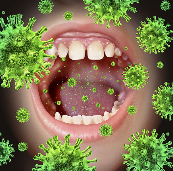 Contagious disease transmiting a virus infection with an open human mouth spreading dangerous infectious germs and bacteria while coughing during a cold or flu symptoms.