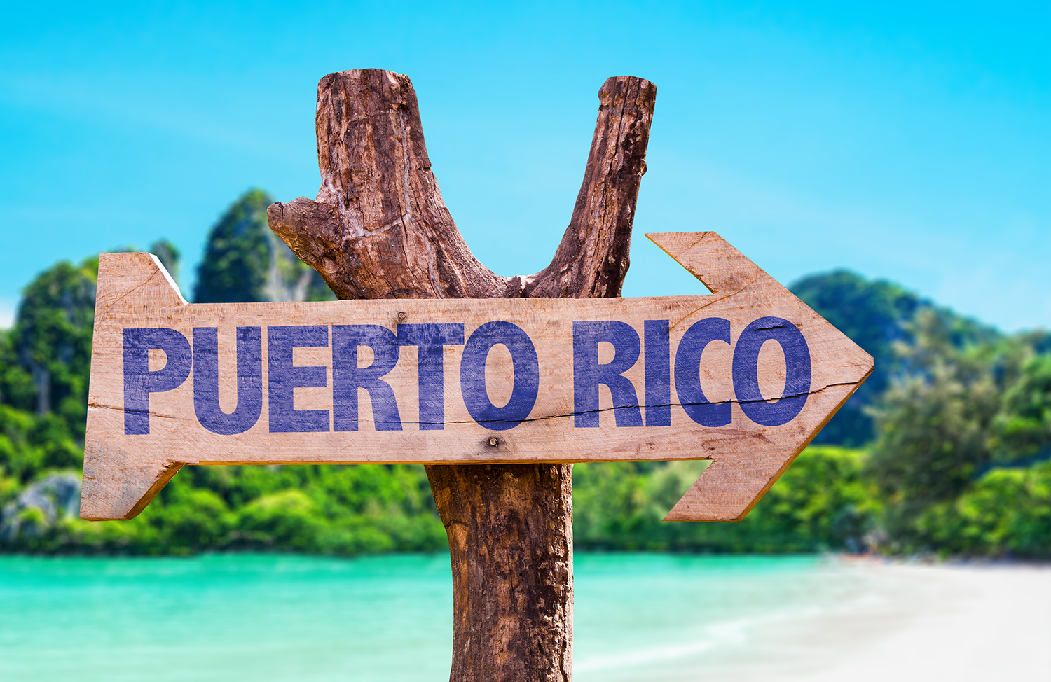 Puerto Rico wooden sign with beach background